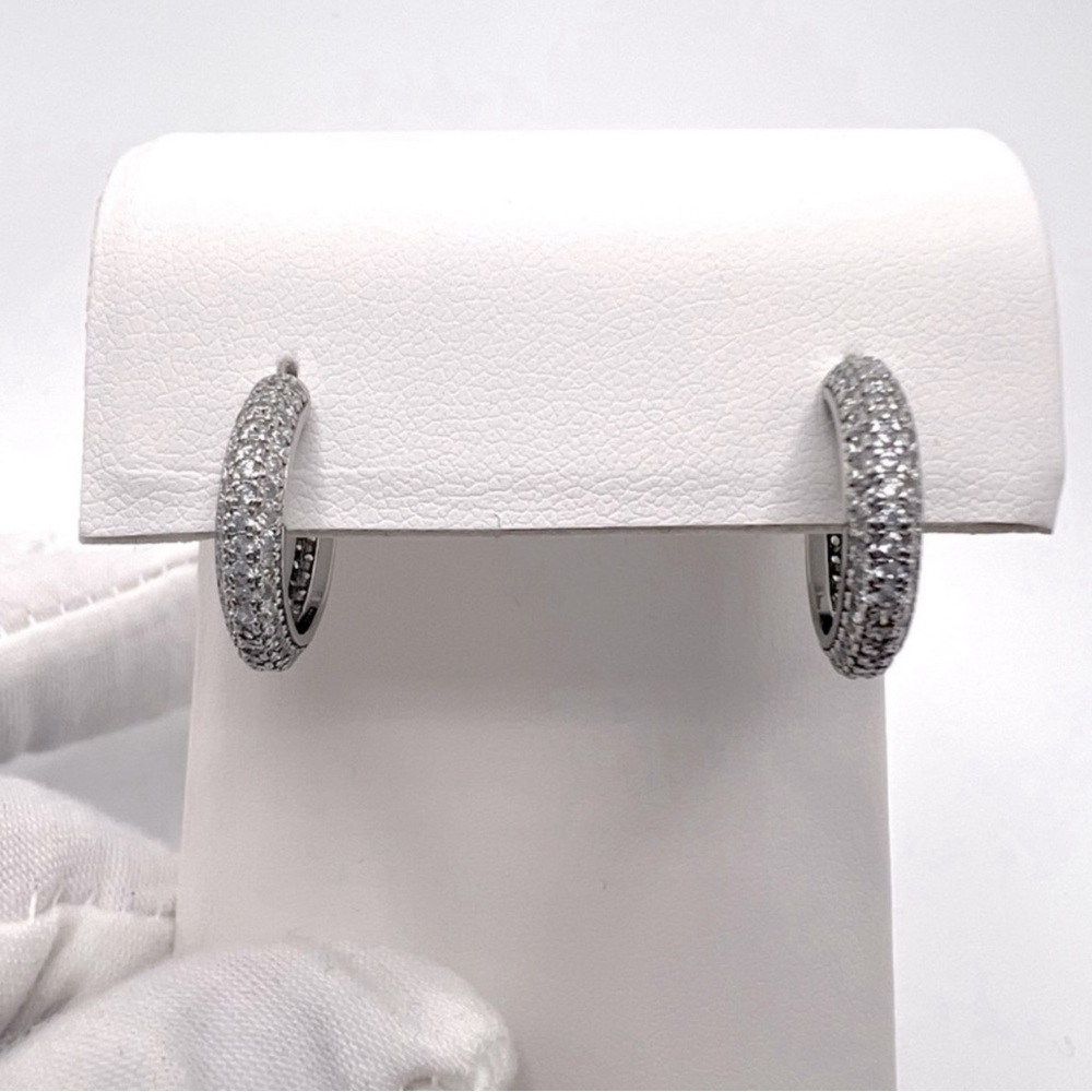 .925 Sterling Silver Pave Cz 16mm Post Hoop Earrings - Picture 5 of 15